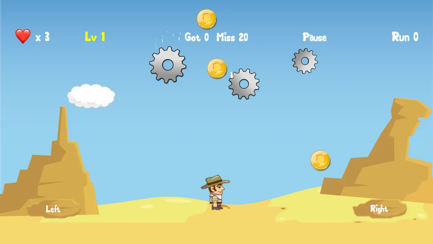 Level 1 on iPhone, coins falling over the desert